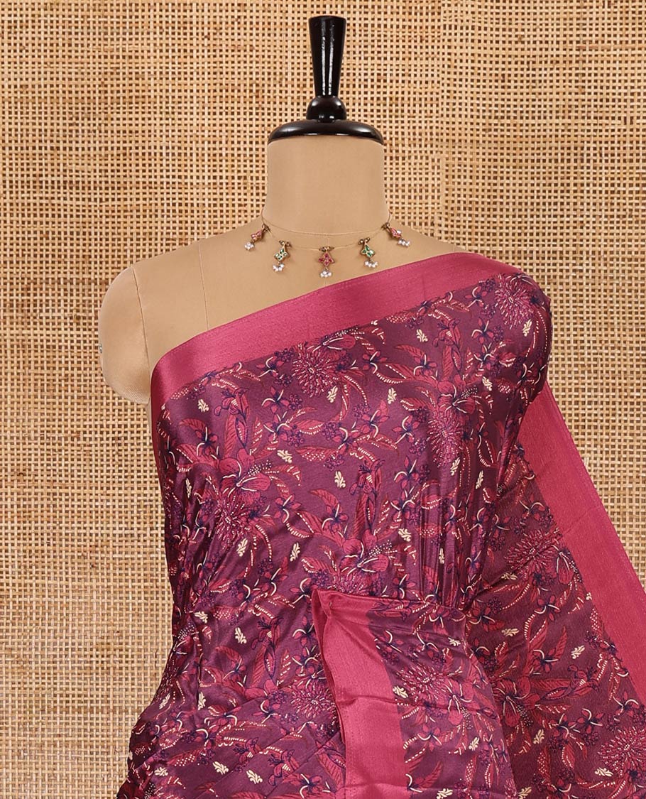 Purple floral style printed Turkey crepe saree, contrast plain border, geometric printed pallu, and a contrast polka dotted blouse - Image 2