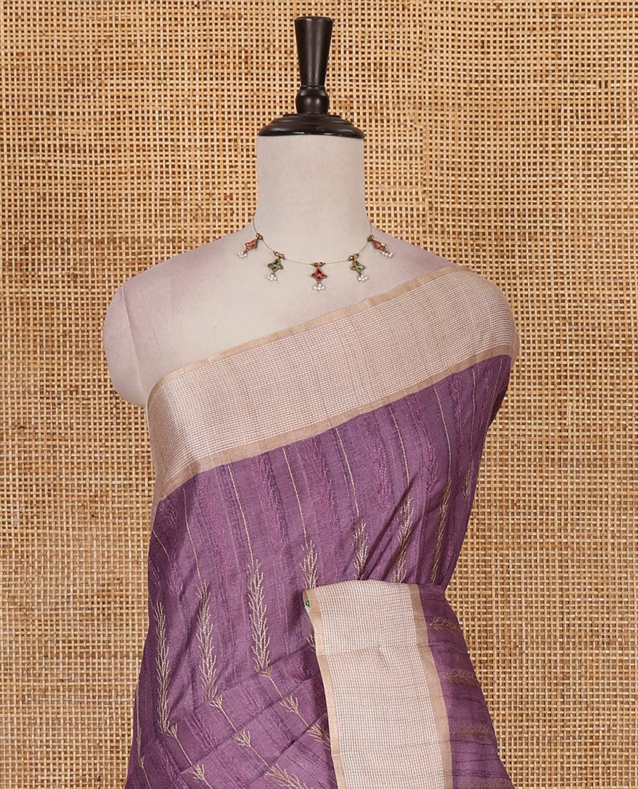 Purple floral vines thread embroidered Tussar saree, contrast Thread border, plain pallu, and contrast blouse - Image 3