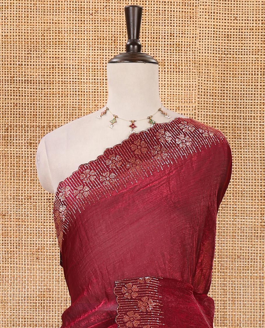 Purple full-plain Fendy satin saree, scallop floral micro-stone embroidered border, self-pallu & contrast stone work blouse - Image 3