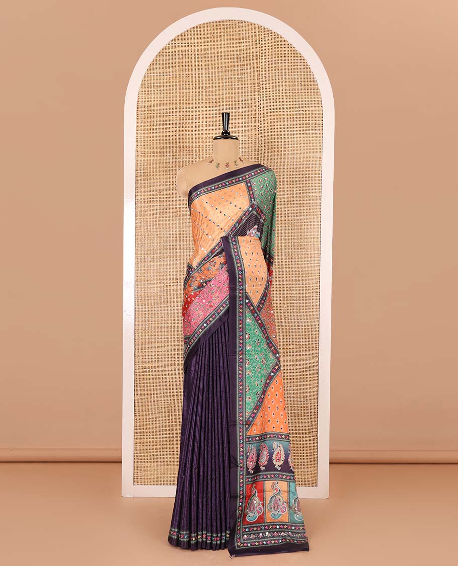 Purple geometric and paisleys printed with mirror work masakali saree, self-border, printed and mirror work pallu, and a matching blouse - Image 2