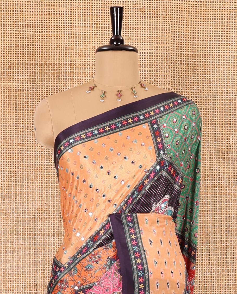 Purple geometric and paisleys printed with mirror work masakali saree, self-border, printed and mirror work pallu, and a matching blouse - Image 3