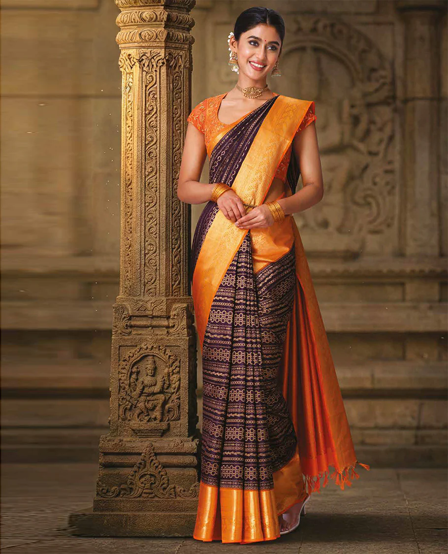 Purple Geometric Patterns Jacquard Kanchipuram Wedding Silk Saree, Contrast Traditional Zari Border of Leaf Vine, and Intricately Designed Pallu