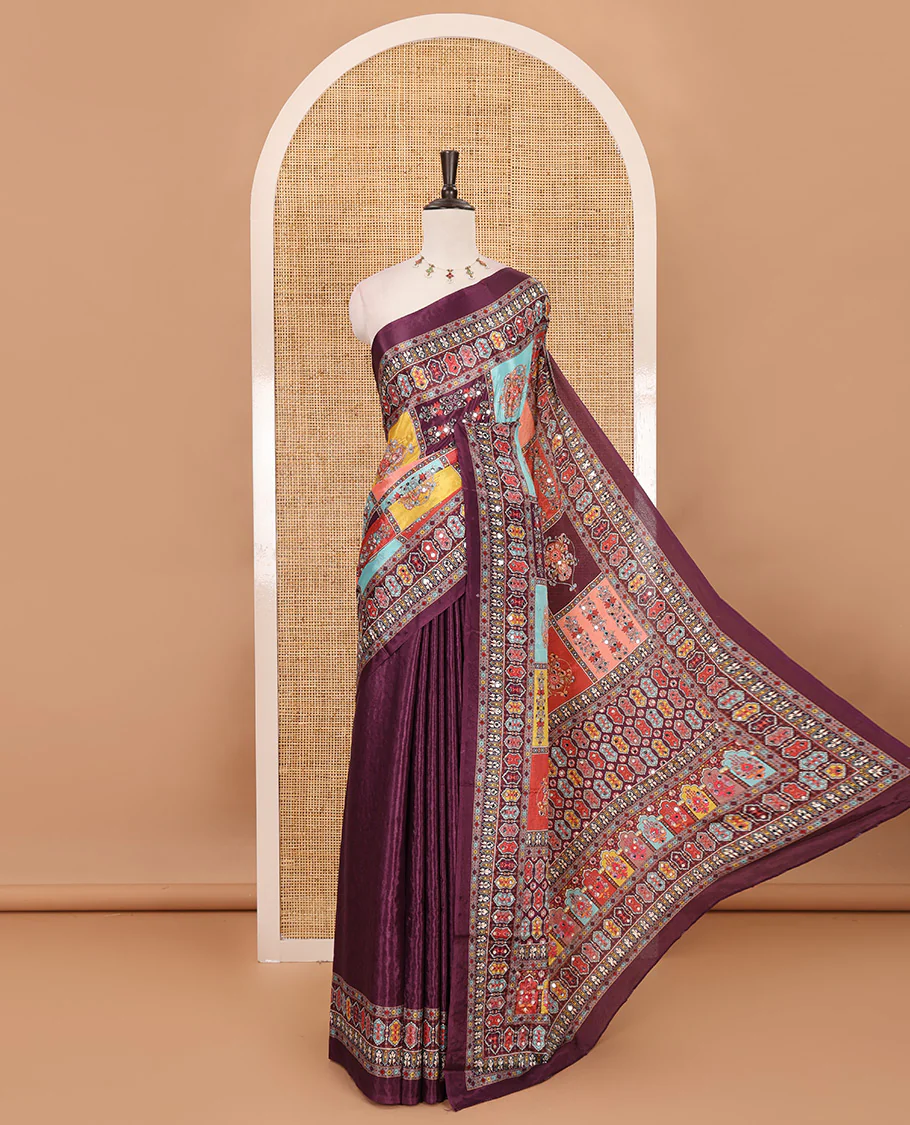 Purple geometric patterns multi-hue printed & mirror embroidered half-&-half masakali saree, printed border & pallu of embroidery work & plain blouse