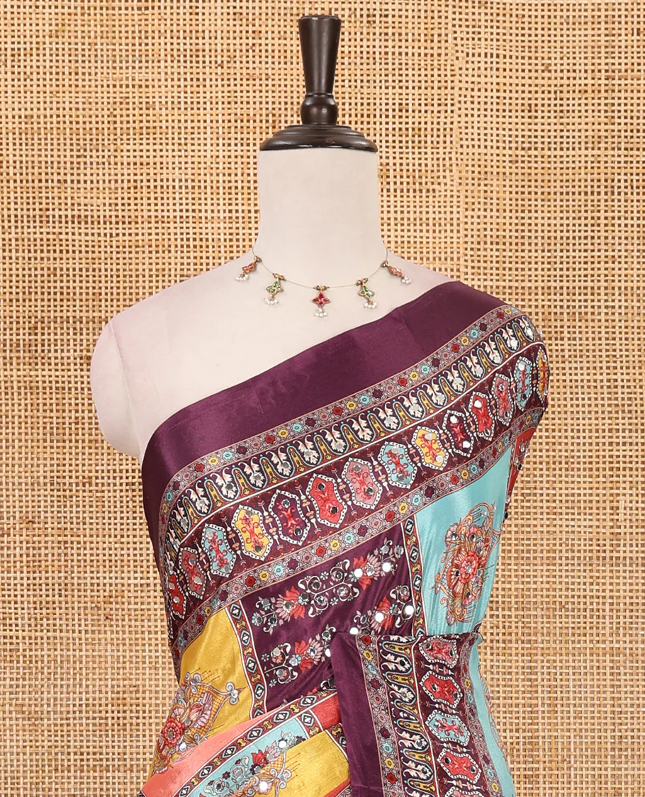 Purple geometric patterns multi-hue printed & mirror embroidered half-&-half masakali saree, printed border & pallu of embroidery work & plain blouse - Image 3