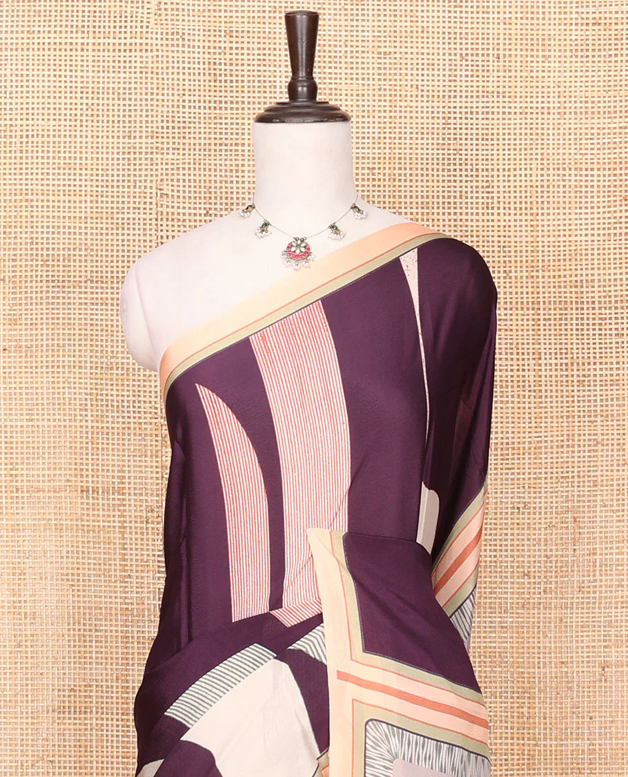 Purple Georgette Saree Accentuated with Geometric Pattern Print, Complemented by a Contrast Border, Pallu Adorned with Floral Print, and Paired with a Subtle Striped Blouse - Image 3