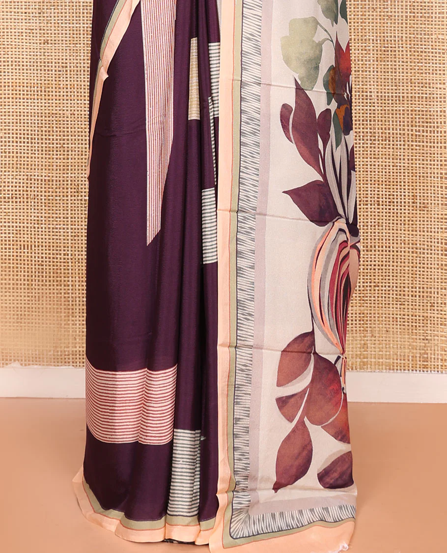 Purple Georgette Saree Accentuated with Geometric Pattern Print, Complemented by a Contrast Border, Pallu Adorned with Floral Print, and Paired with a Subtle Striped Blouse - Image 4