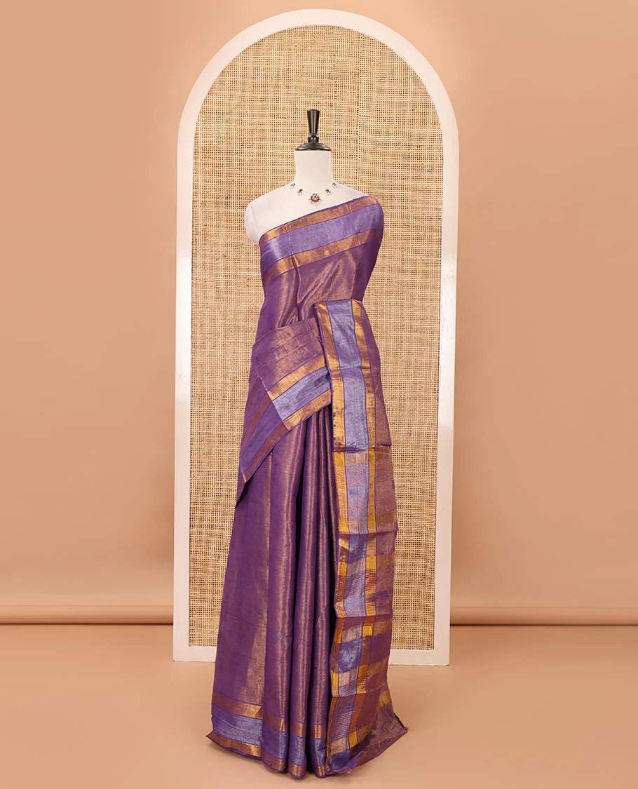 Purple gold zari tissue-style sungudi cotton saree, silver-lined border, silver-lined pallu & matching striped purple blouse - Image 2