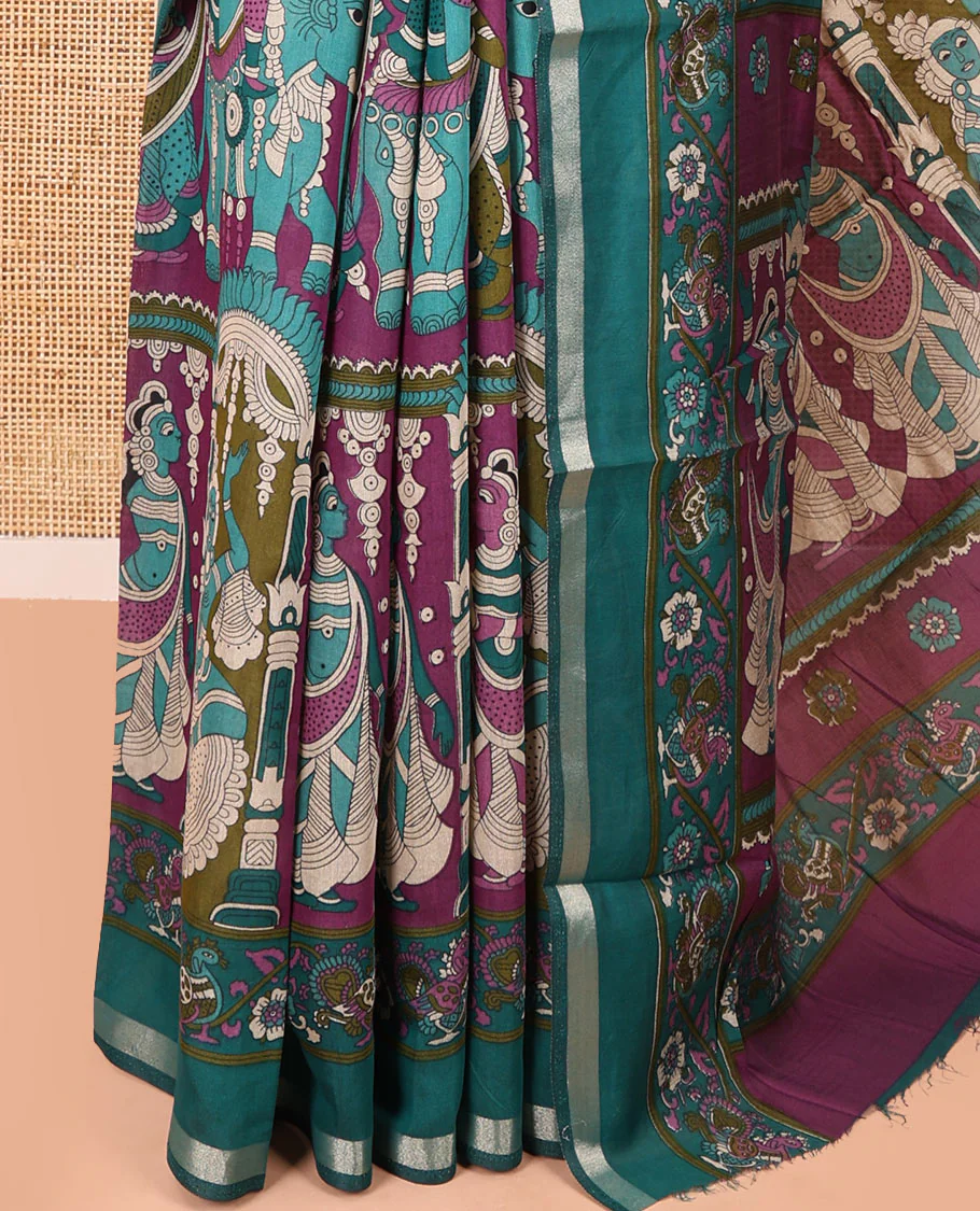 Purple human figurines printed muslin cotton saree, contrast floral-peacock printed border of piping work, kalamkari printed pallu, and a contrast blouse of flower motifs print - Image 3