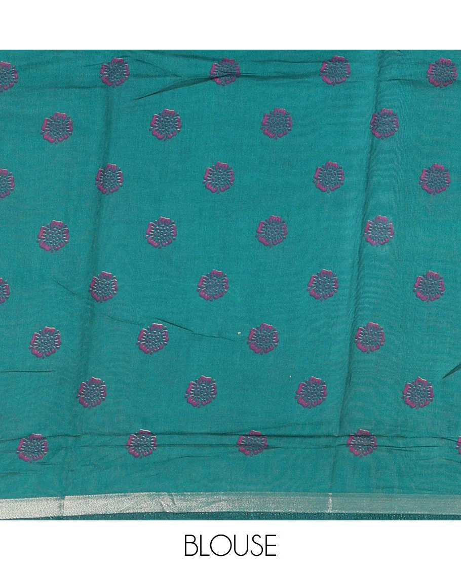 Purple human figurines printed muslin cotton saree, contrast floral-peacock printed border of piping work, kalamkari printed pallu, and a contrast blouse of flower motifs print - Image 4