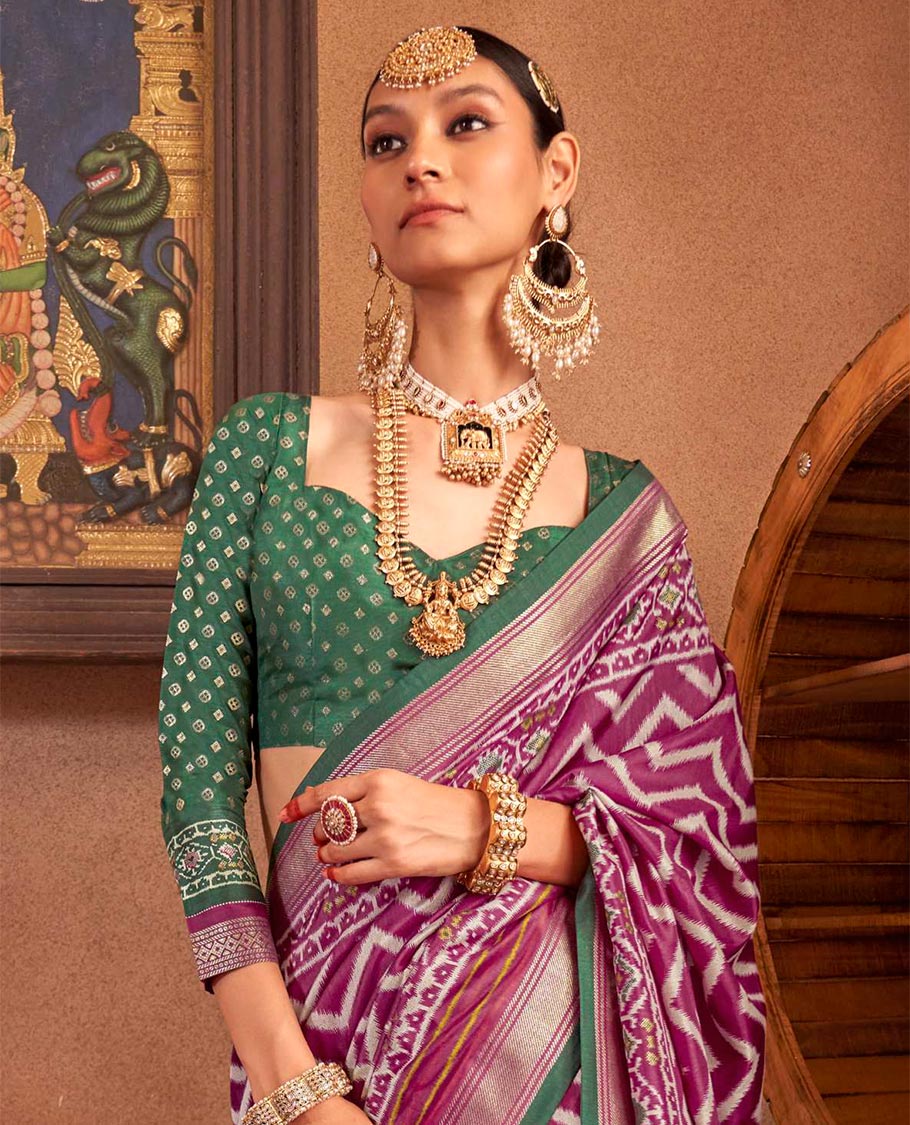 Wine ikkat chevron striped designer catalog saree, zari border and ikkat geometric patterned pallu - Image 2