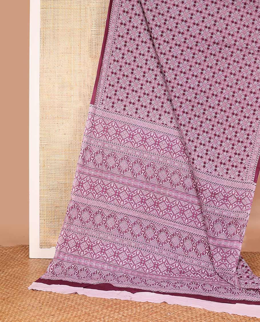 Purple intricately printed mul mul cotton saree, geometric printed border, and pallu - Image 2