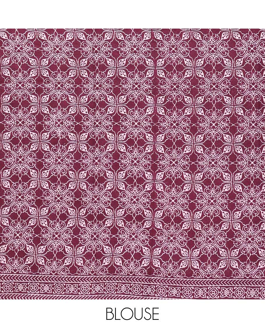 Purple intricately printed mul mul cotton saree, geometric printed border, and pallu - Image 3