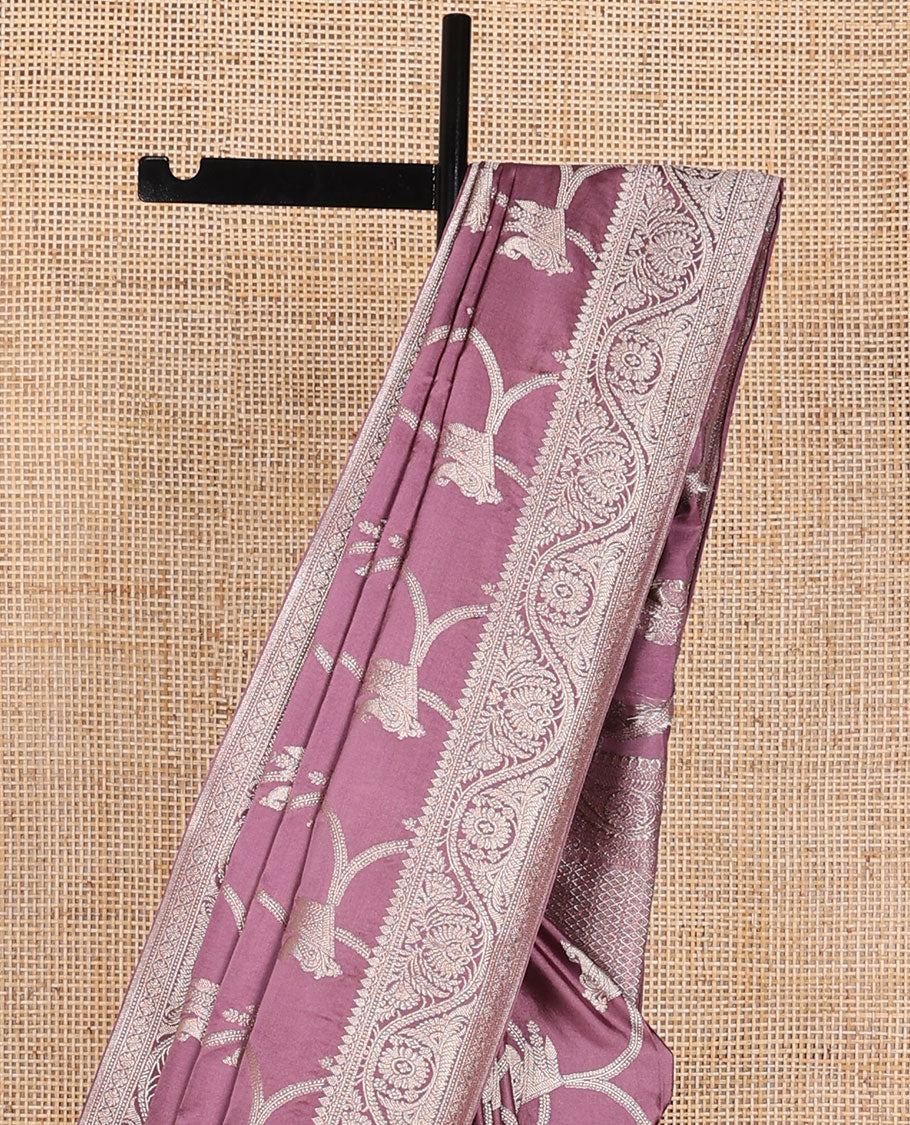 Purple jaal design semi banaras satin saree with self zari design border & floral design pallu - Image 3