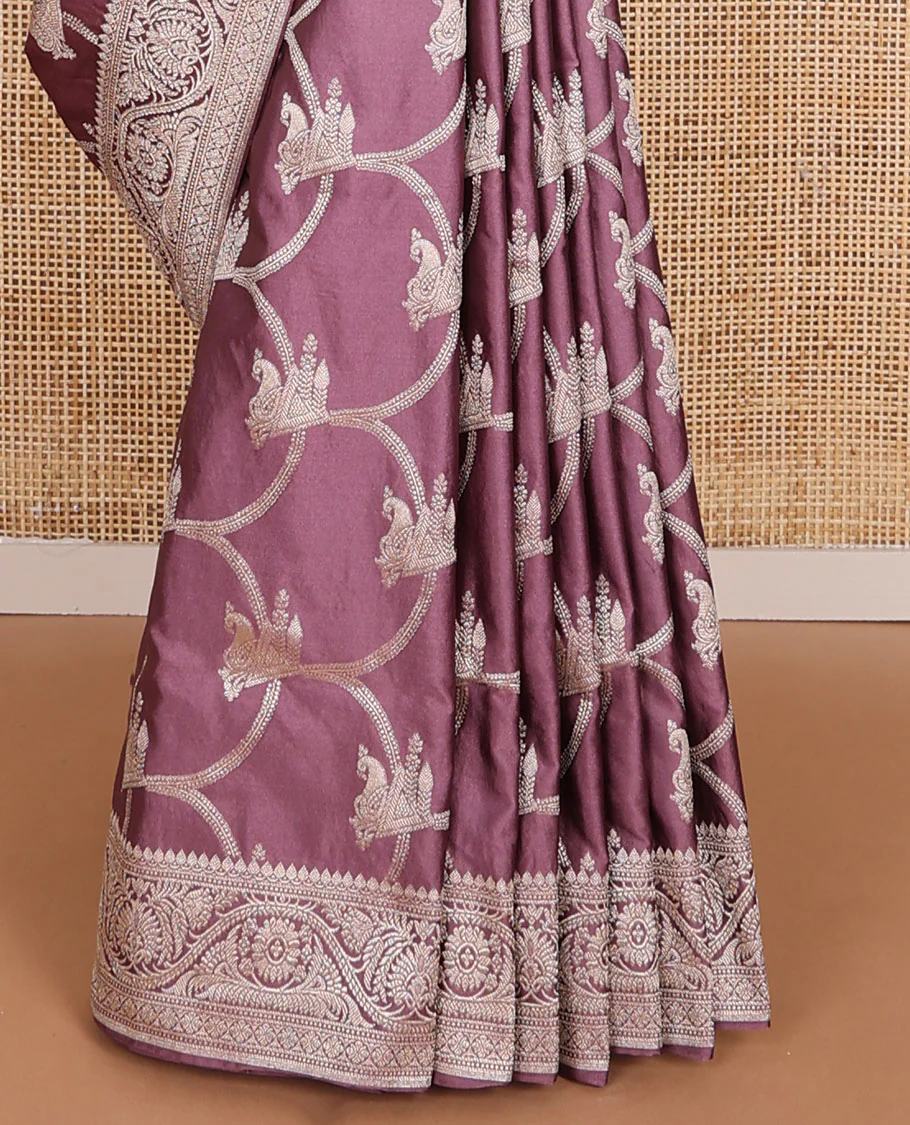Purple jaal design semi banaras satin saree with self zari design border & floral design pallu - Image 4