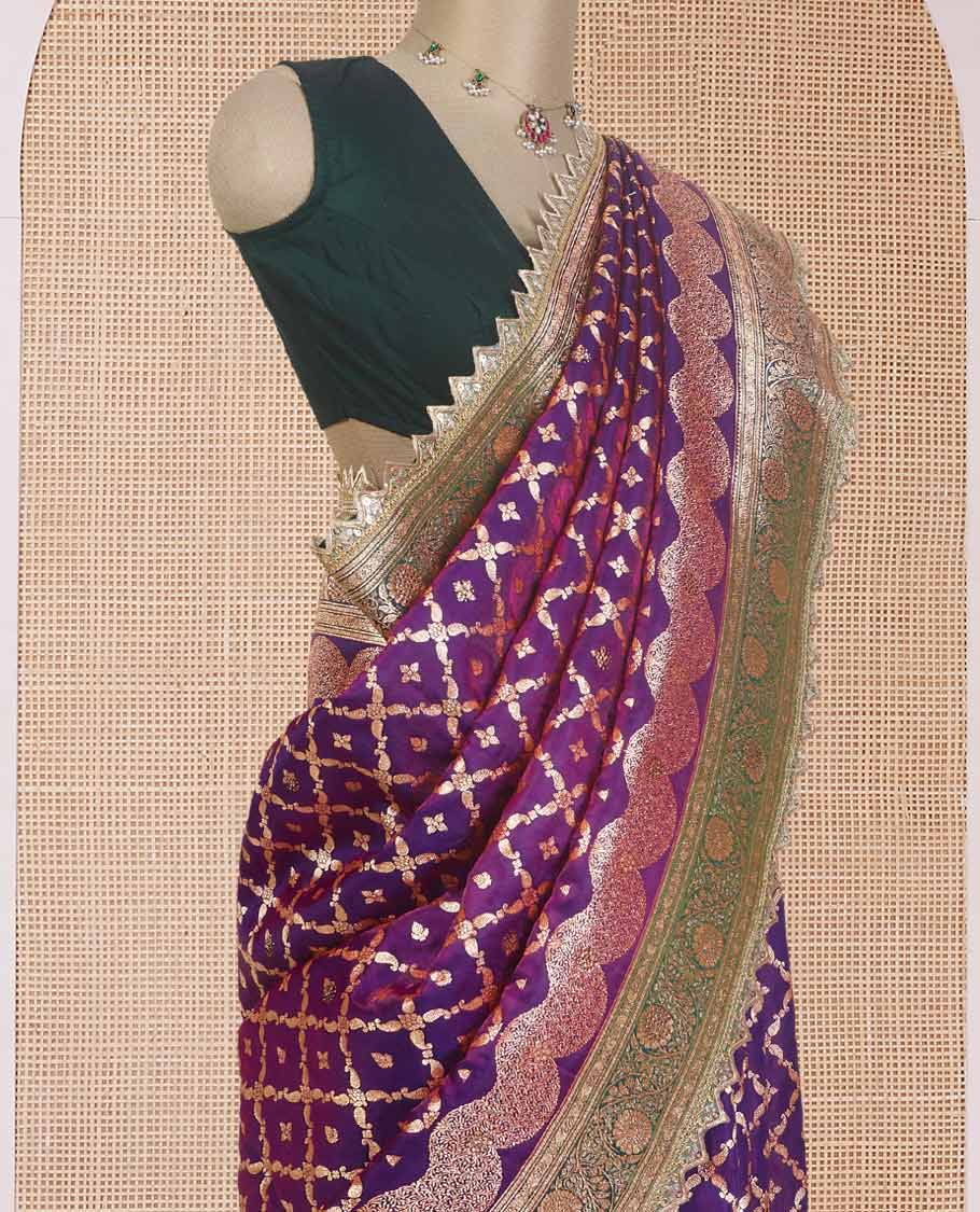 Purple jaal jacquard with micro stonework banaras nylon silk saree, contrast traditional zari and stonework border, and intricately zari woven pallu - Image 3