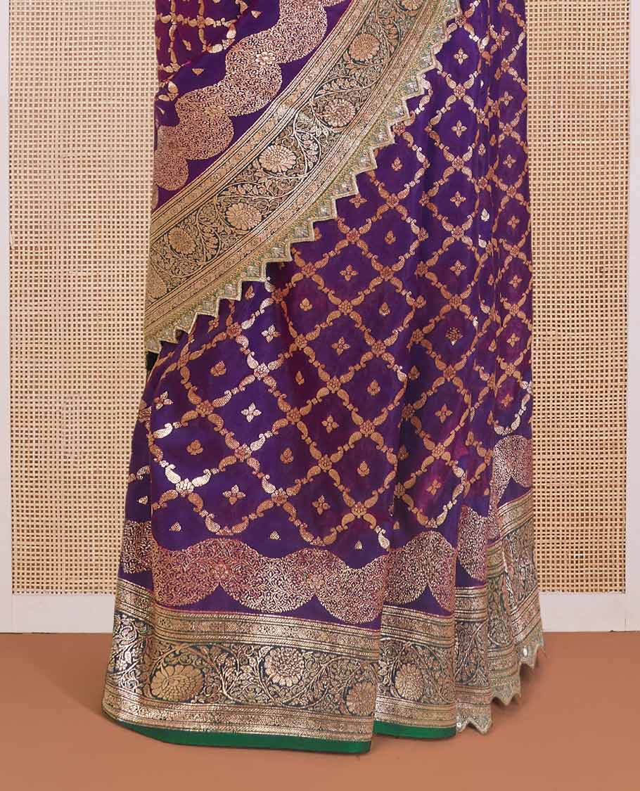 Purple jaal jacquard with micro stonework banaras nylon silk saree, contrast traditional zari and stonework border, and intricately zari woven pallu - Image 4