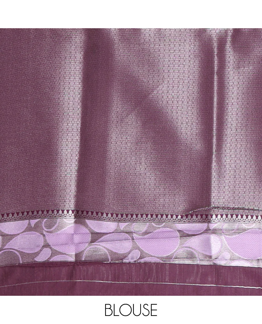 Purple jacquard kanchi silk saree, contrast border, and pallu steeped with paisley motifs with contrast zari design blouse - Image 4
