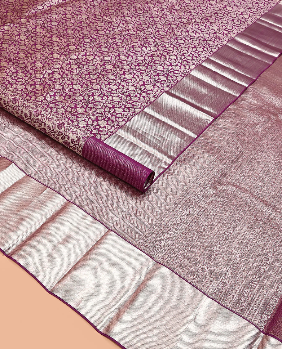 Purple jacquard kanchipuram silk saree, zari border, and zari-rich pallu of vanki designs - Image 2