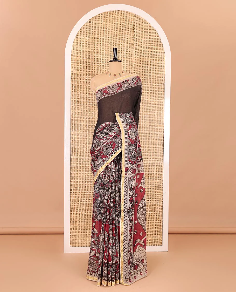 Purple kalamkari floral, peacock, and human figurines printed Kota cotton saree, contrast printed border, peacock printed pallu, and a contrast floral printed blouse - Image 2