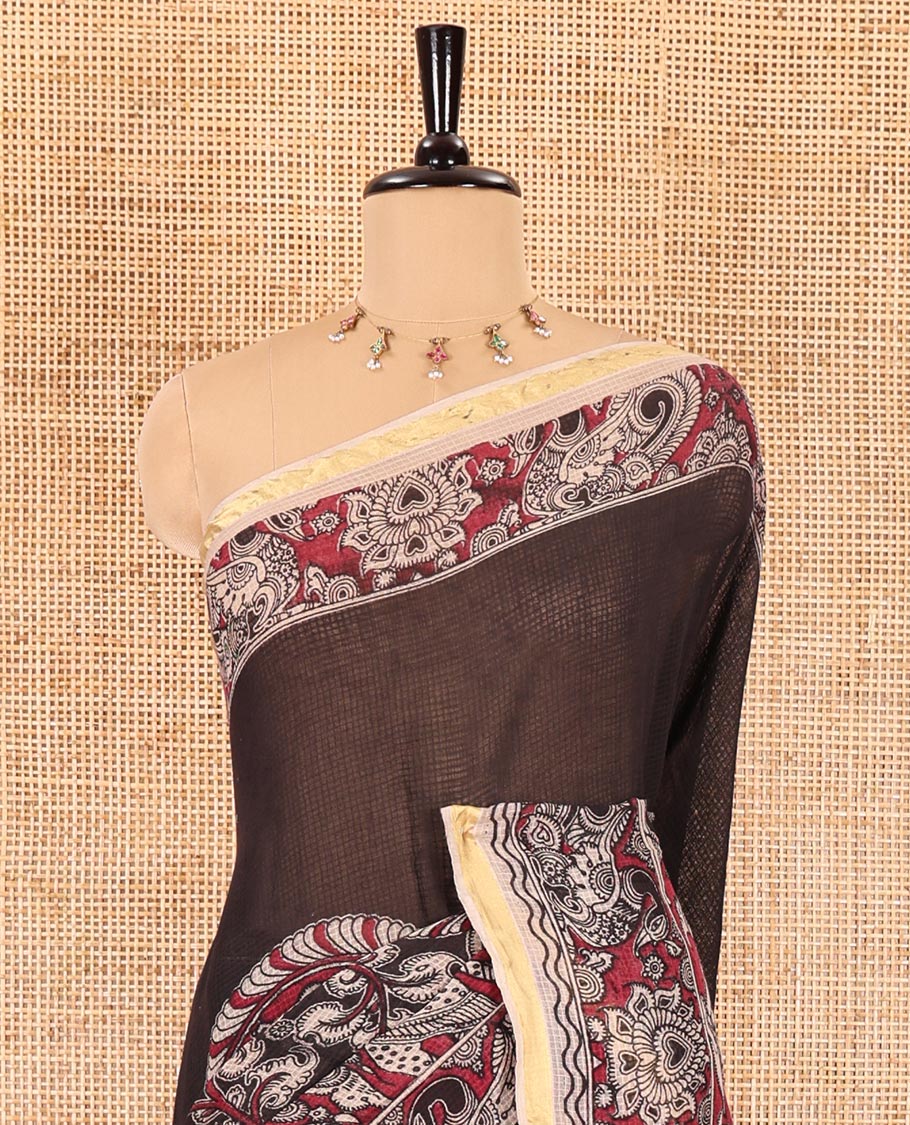 Purple kalamkari floral, peacock, and human figurines printed Kota cotton saree, contrast printed border, peacock printed pallu, and a contrast floral printed blouse - Image 3