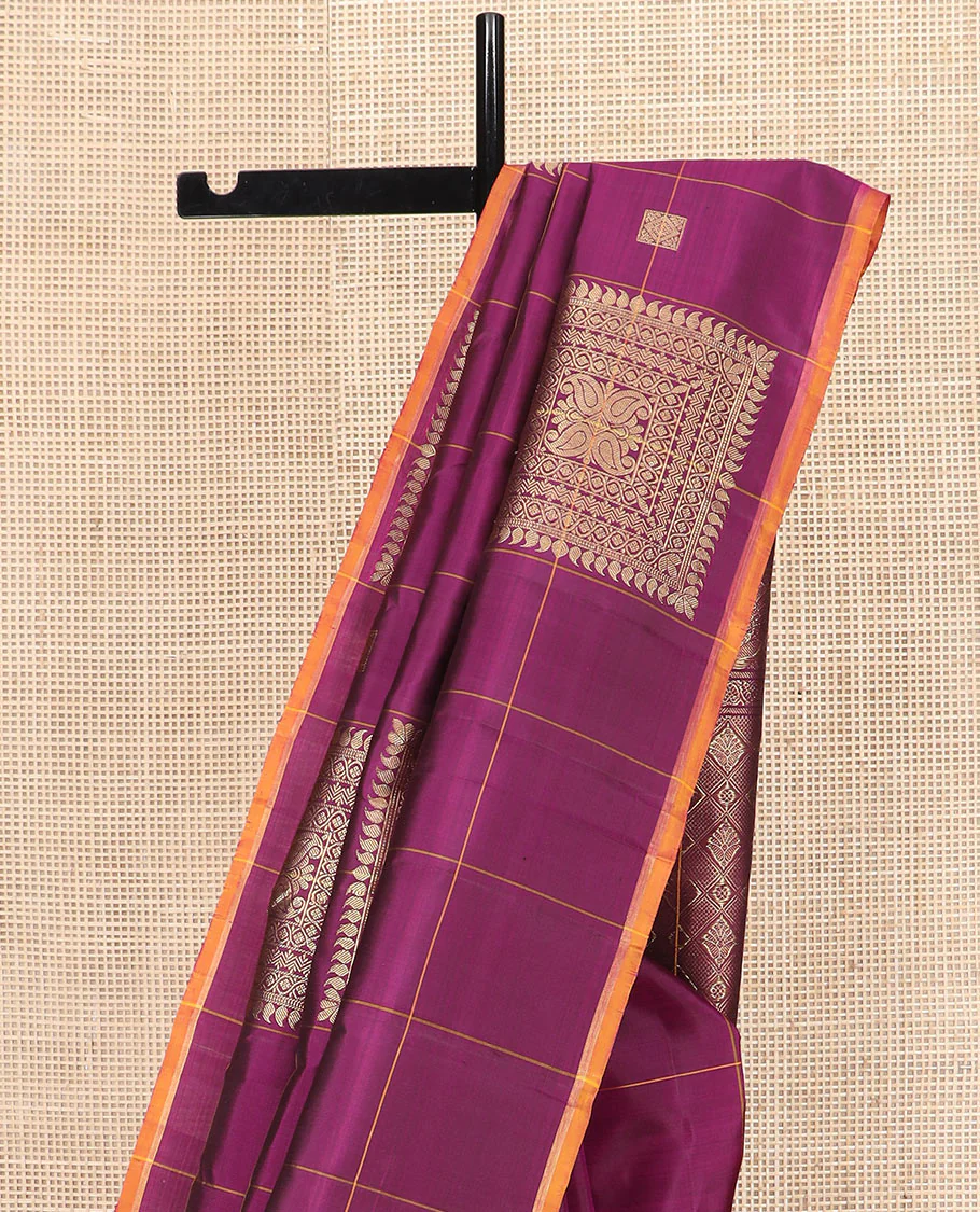 Purple Kanchipuram Silk Saree Embellished with Big Square Buttas within Checks, Complemented by a Contrast Piping Border, Featuring a Pallu Depicting Jaal Designs, Paired with a Matching Checked Blouse - Image 3