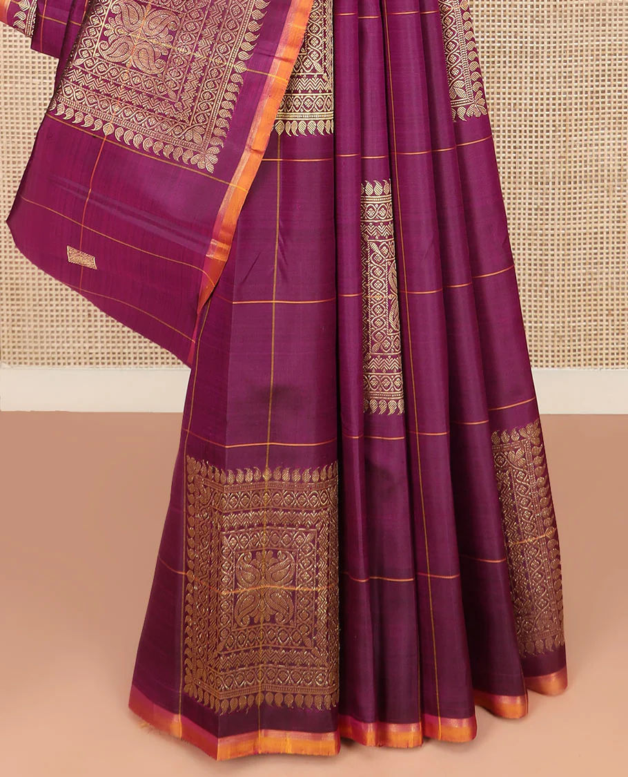 Purple Kanchipuram Silk Saree Embellished with Big Square Buttas within Checks, Complemented by a Contrast Piping Border, Featuring a Pallu Depicting Jaal Designs, Paired with a Matching Checked Blouse - Image 4