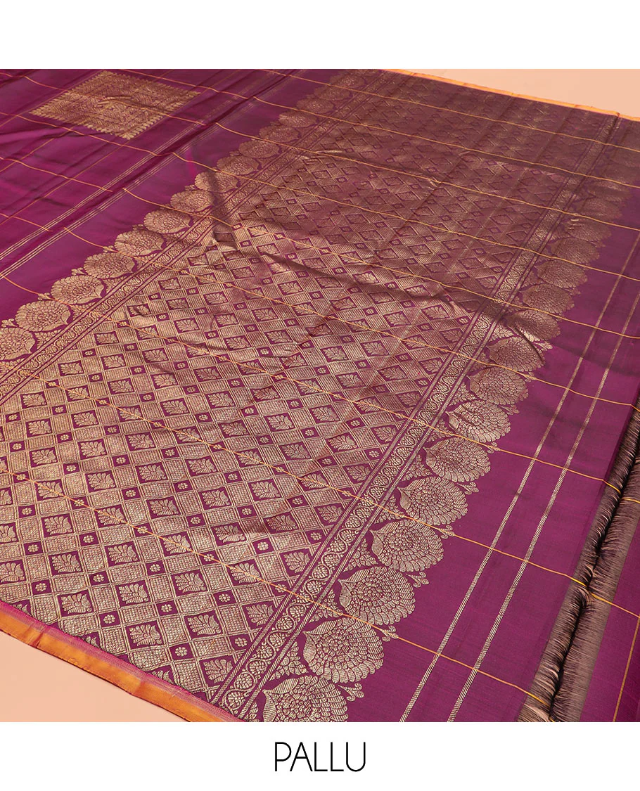 Purple Kanchipuram Silk Saree Embellished with Big Square Buttas within Checks, Complemented by a Contrast Piping Border, Featuring a Pallu Depicting Jaal Designs, Paired with a Matching Checked Blouse - Image 5