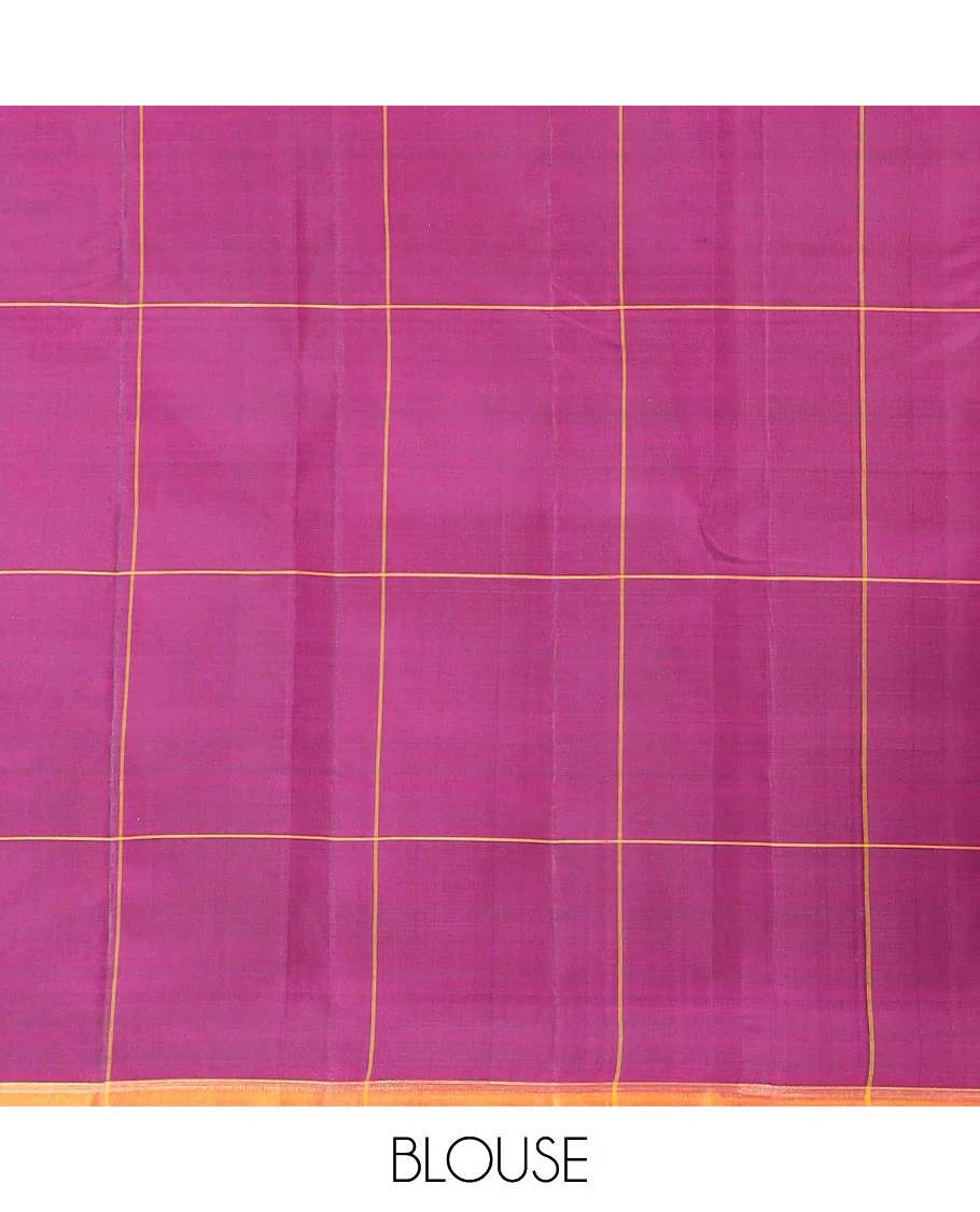 Purple Kanchipuram Silk Saree Embellished with Big Square Buttas within Checks, Complemented by a Contrast Piping Border, Featuring a Pallu Depicting Jaal Designs, Paired with a Matching Checked Blouse - Image 6