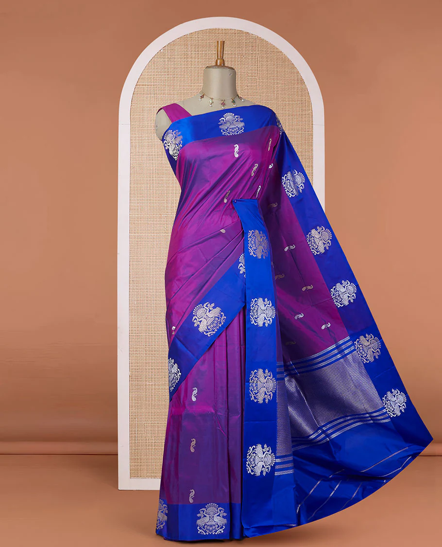 Purple katan silk saree with zari peacock buttas, contrast peacock design zari border & pallu of zari geometric designs - Image 2
