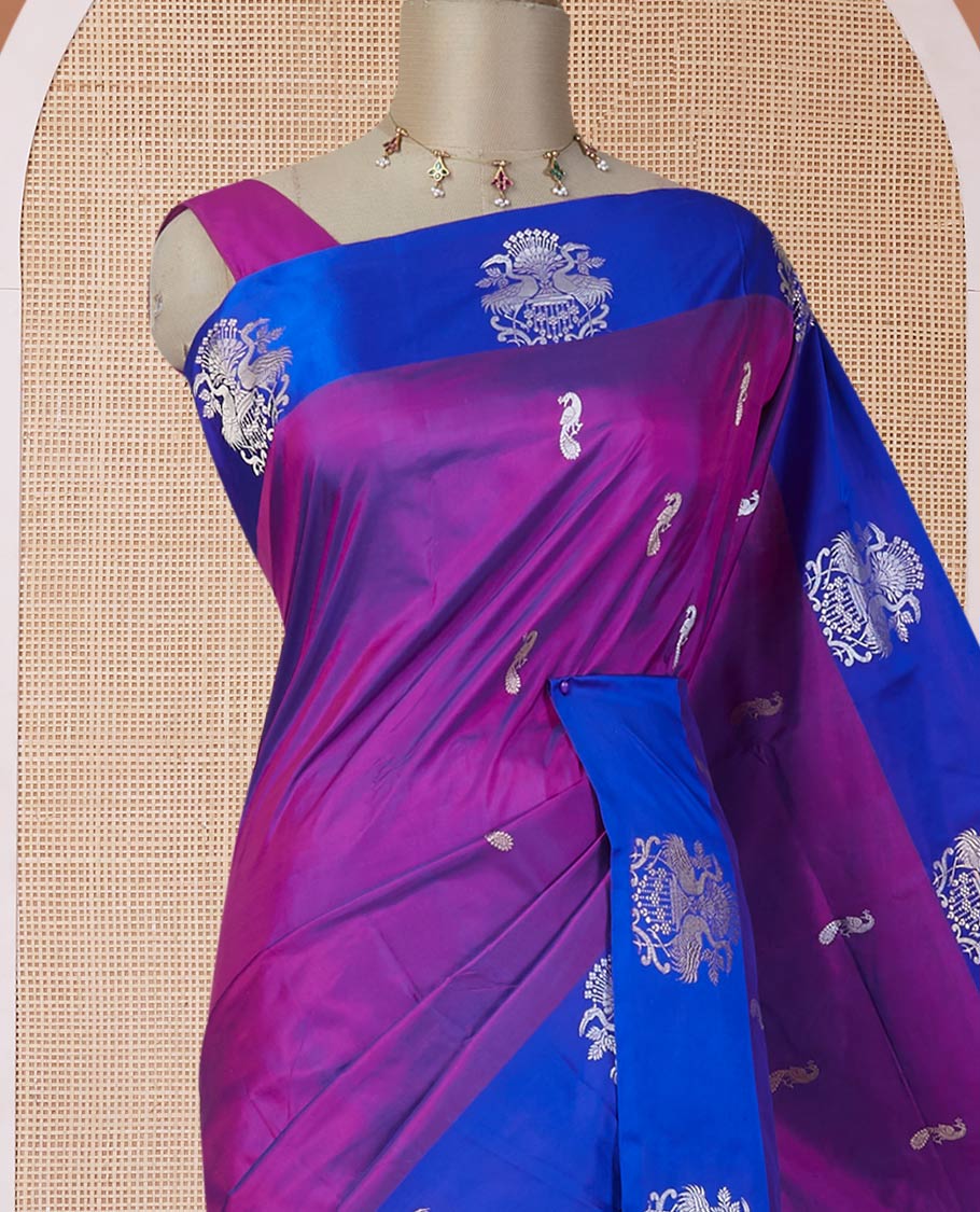 Purple katan silk saree with zari peacock buttas, contrast peacock design zari border & pallu of zari geometric designs - Image 3