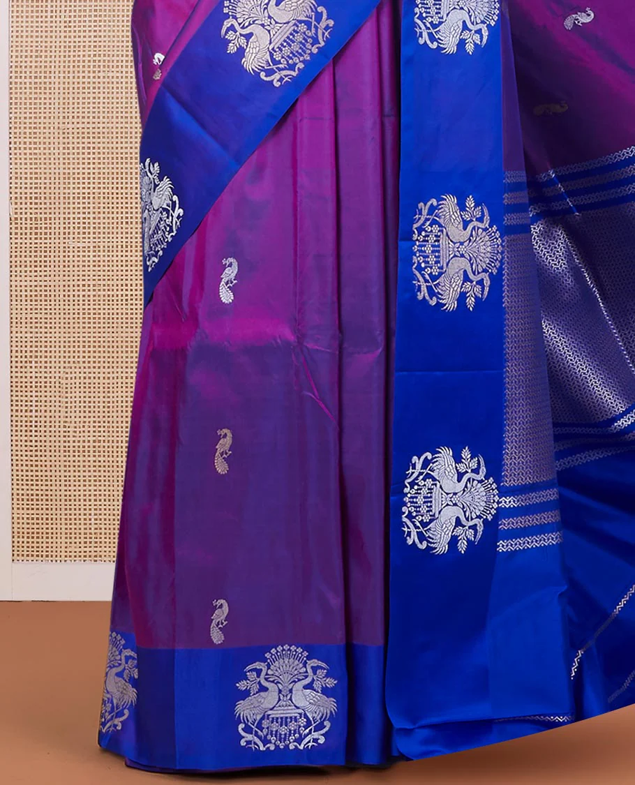 Purple katan silk saree with zari peacock buttas, contrast peacock design zari border & pallu of zari geometric designs - Image 4