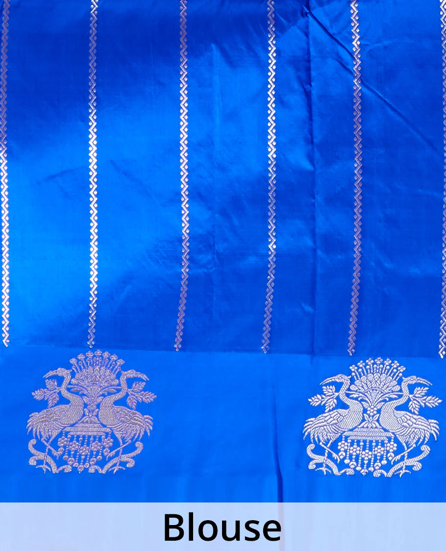 Purple katan silk saree with zari peacock buttas, contrast peacock design zari border & pallu of zari geometric designs - Image 5
