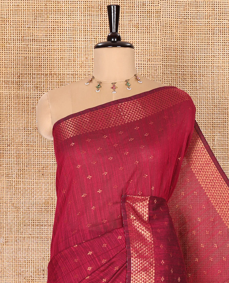 Purple Khadi Mul Cotton Saree Beautified with Plus-Shaped Zari Buttas Across Its Body, Featuring a Subtle Zari Border Adorned with Triangle Motifs, a Tissue Pallu, and Complemented by a Running Blouse - Image 2