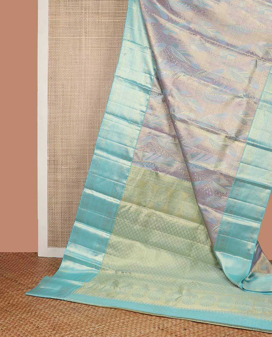 Purple leaf design kancheepuram tissue silk saree with contrast border of intricate zari design & argyle design pallu - Image 3