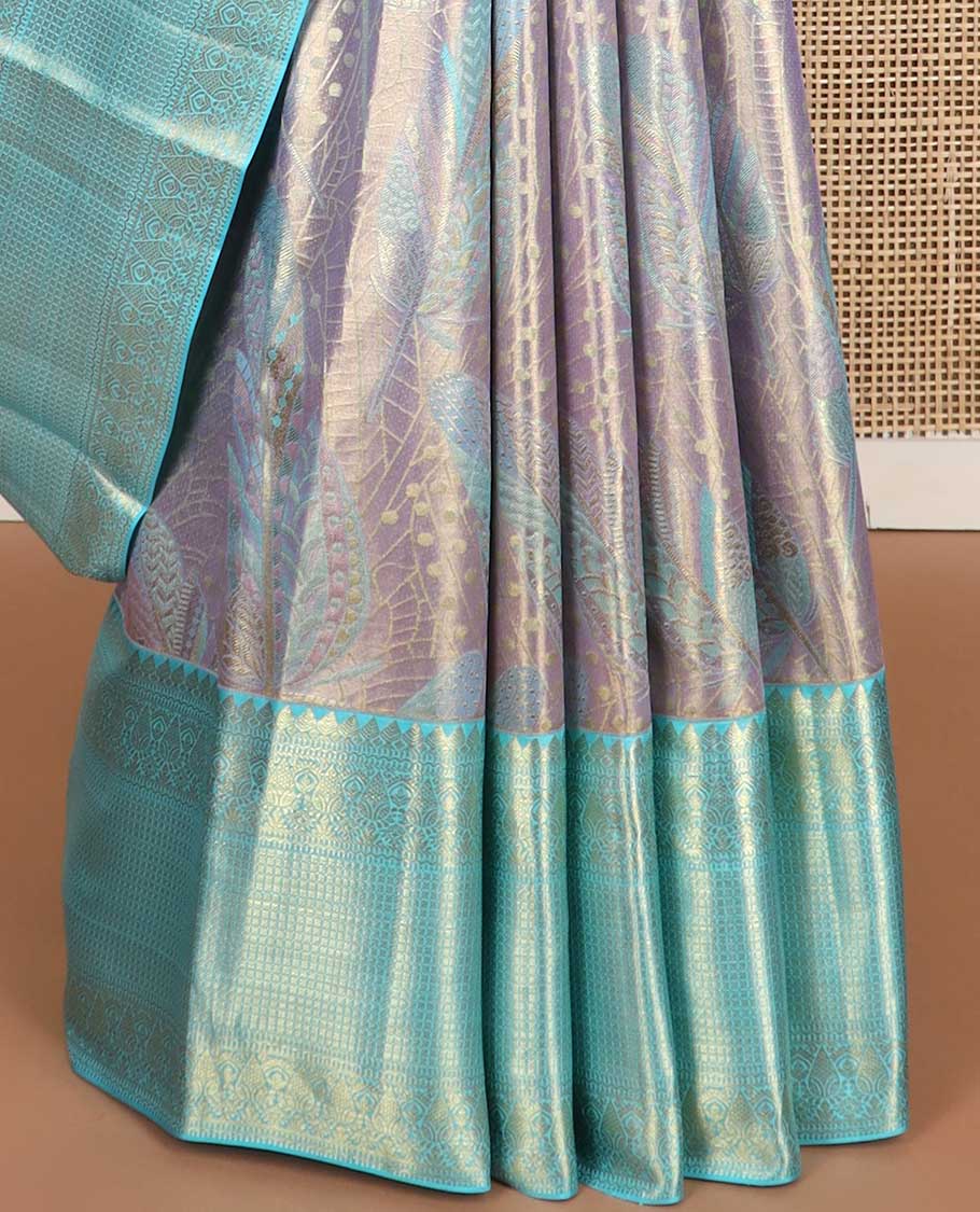 Purple leaf design kancheepuram tissue silk saree with contrast border of intricate zari design & argyle design pallu - Image 5