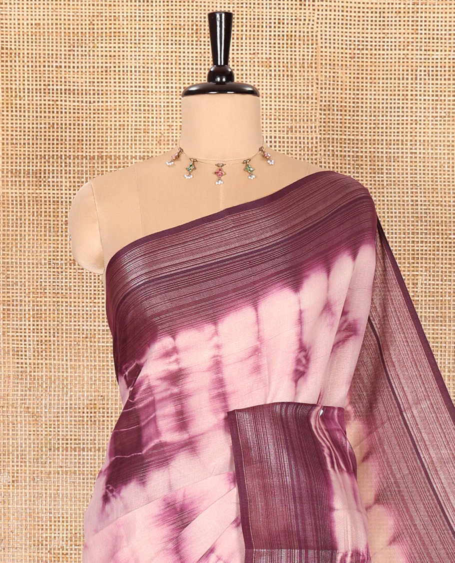 Purple Linen Cotton Saree Enlivened with Shibori Print, Complemented by a Contrast Plain Border, Featuring a Shibori-Printed Pallu, Paired with a Contrast Blouse - Image 2