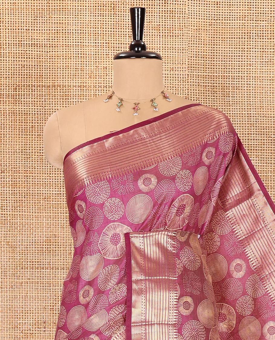 Purple lotus-leaf style printed semi-tussar saree, traditional zari border, zari striped pallu, and a matching blouse - Image 2