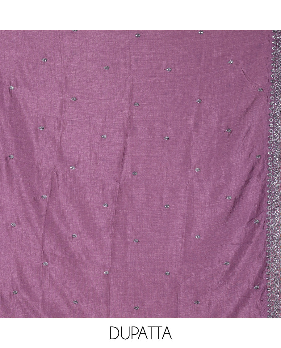 Purple Material Chudidar Set Elevated with Thread and Sequins Embroidery Vichitra Silk Top, Subtly Made Plain Santoon Bottom, and a Vichitra Silk Dupatta of Thread and Sequins Embroidery - Image 2
