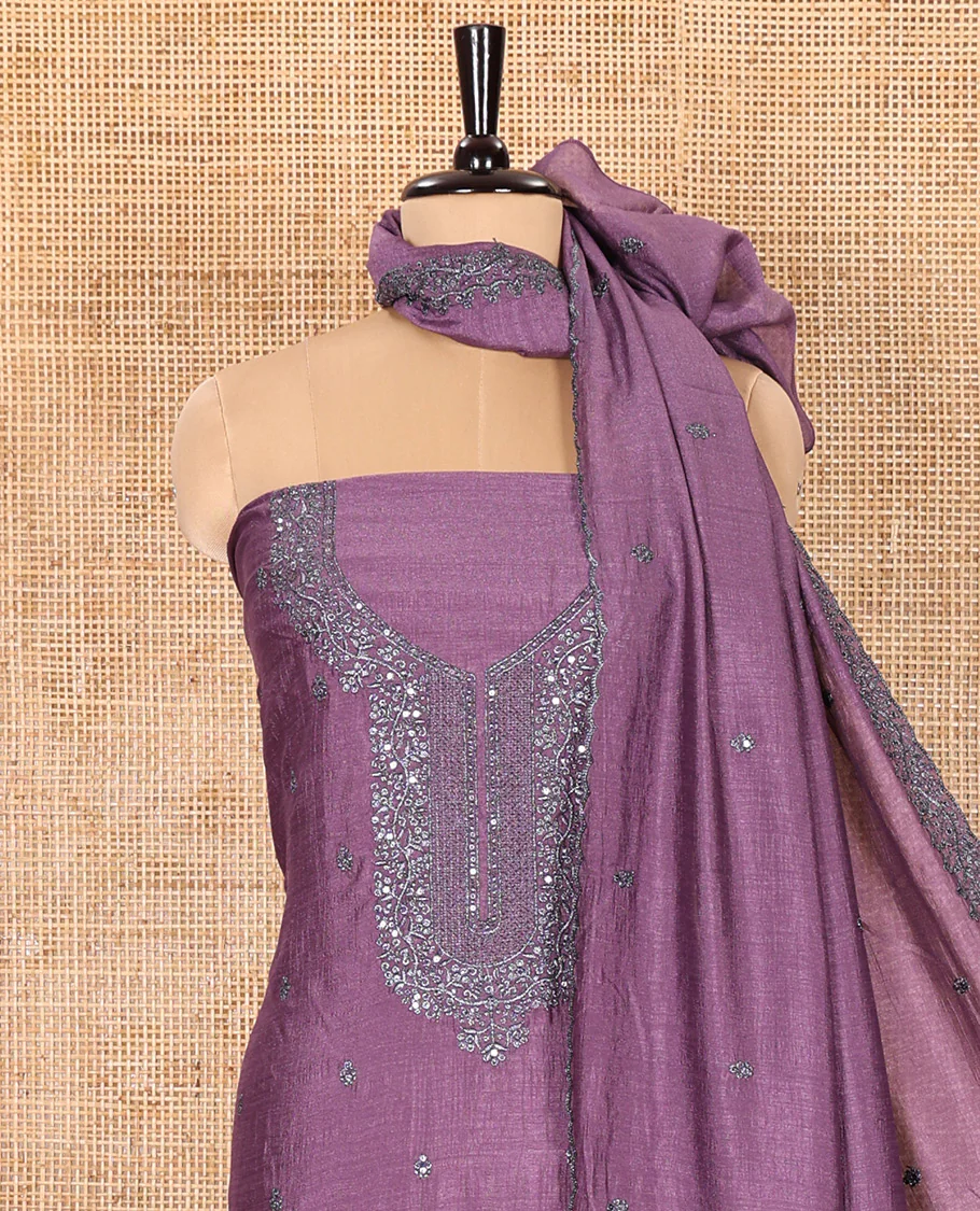 Purple Material Chudidar Set Elevated with Thread and Sequins Embroidery Vichitra Silk Top, Subtly Made Plain Santoon Bottom, and a Vichitra Silk Dupatta of Thread and Sequins Embroidery - Image 3