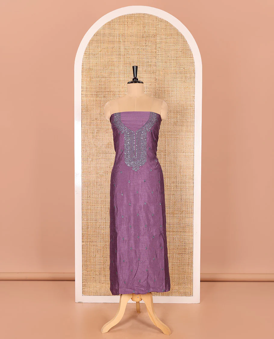 Purple Material Chudidar Set Elevated with Thread and Sequins Embroidery Vichitra Silk Top, Subtly Made Plain Santoon Bottom, and a Vichitra Silk Dupatta of Thread and Sequins Embroidery - Image 4