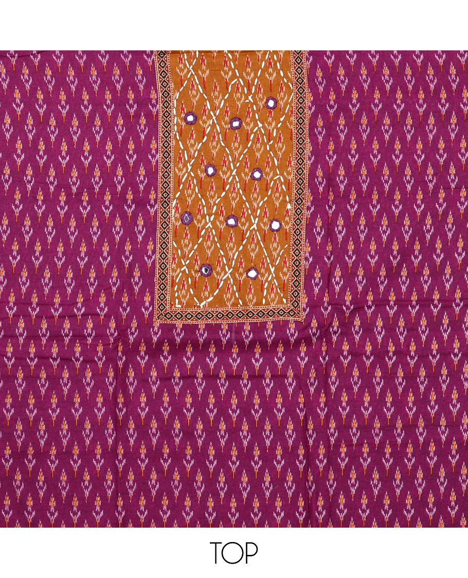 Purple material chudidar set, ikkat buttas with neck patch embroidered top, contrast plain bottom, and block printed dupatta - Image 2