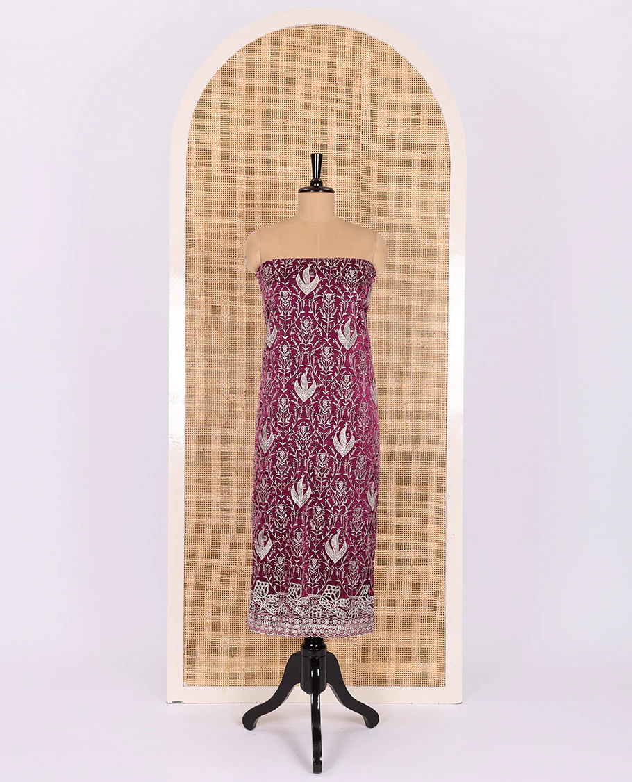 Purple material chudidar set, intricate thread embroidered with stone work velvet organza top, a matching santoon bottom, and a embroidered velvet organza dupatta - Image 2