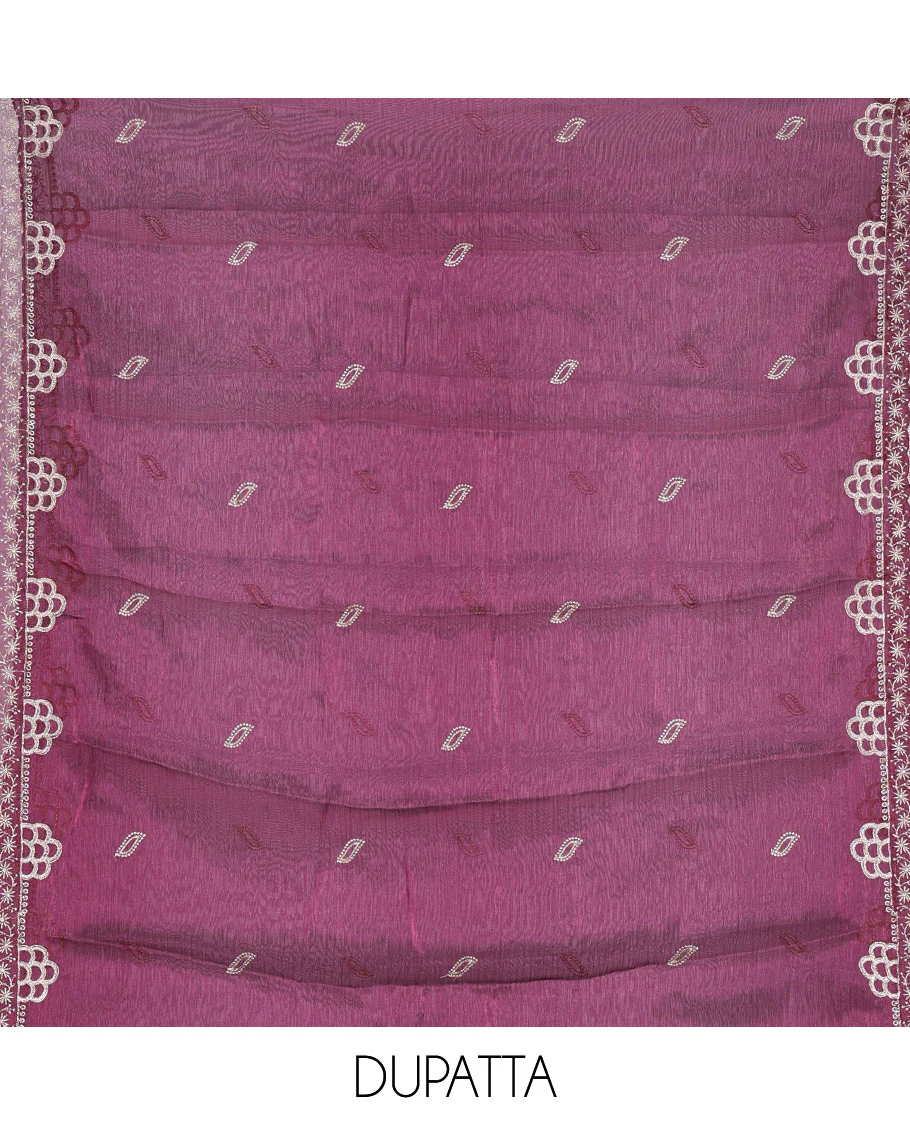 Purple material chudidar set, intricate thread embroidered with stone work velvet organza top, a matching santoon bottom, and a embroidered velvet organza dupatta - Image 5
