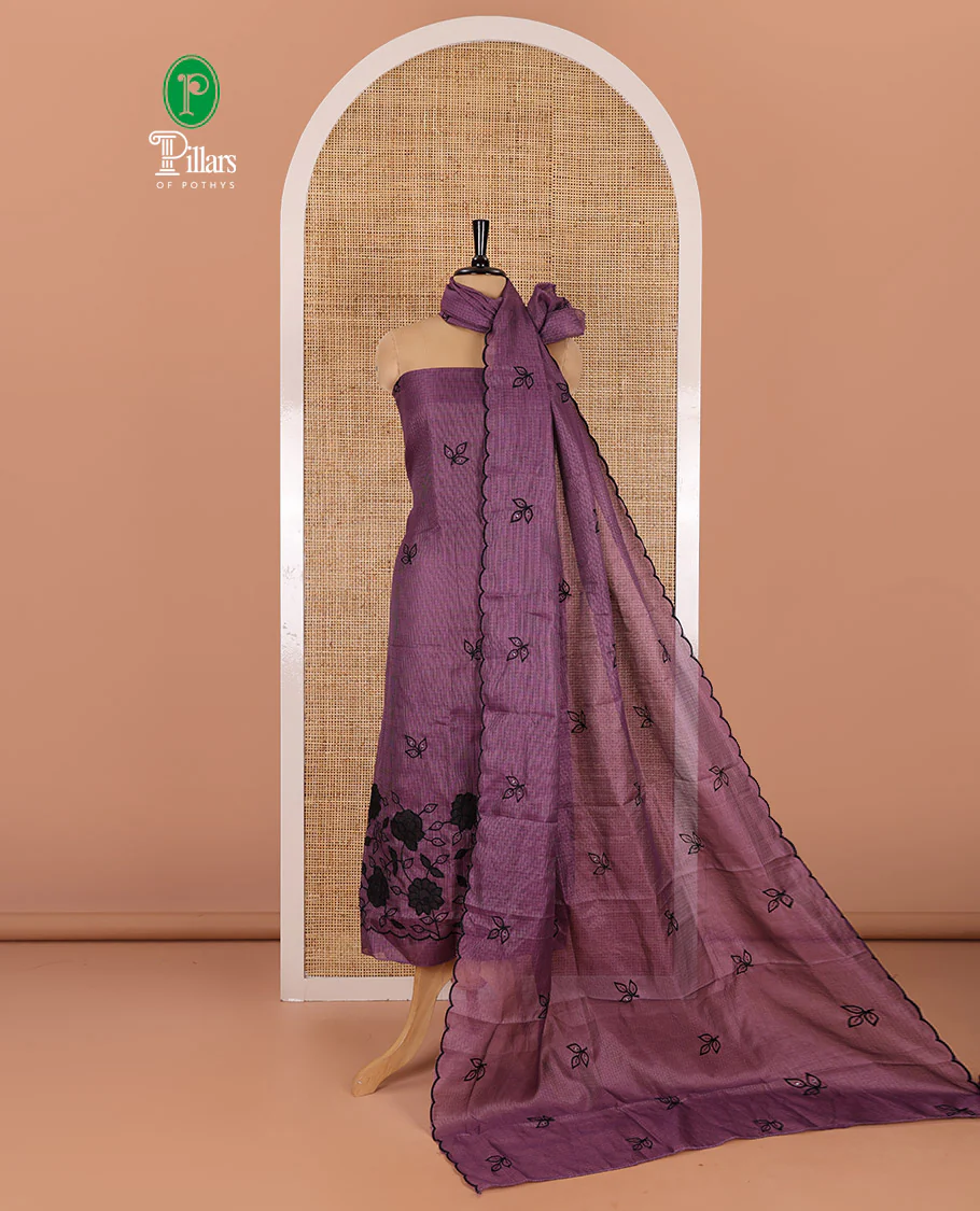 Purple material chudidar set, leaf-floral motifs thread and sequins embroidered kota cotton top, a matching bottom, and a leaf motifs thread and sequins embroidered dupatta