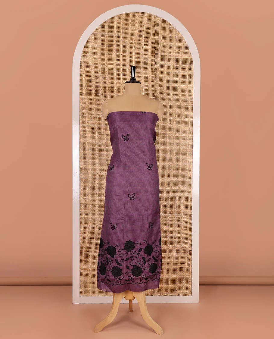 Purple material chudidar set, leaf-floral motifs thread and sequins embroidered kota cotton top, a matching bottom, and a leaf motifs thread and sequins embroidered dupatta - Image 2