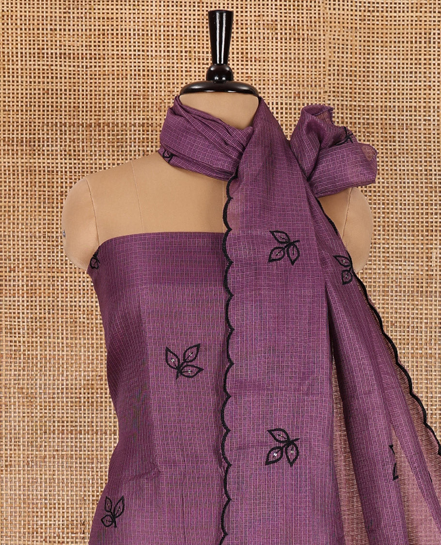 Purple material chudidar set, leaf-floral motifs thread and sequins embroidered kota cotton top, a matching bottom, and a leaf motifs thread and sequins embroidered dupatta - Image 3