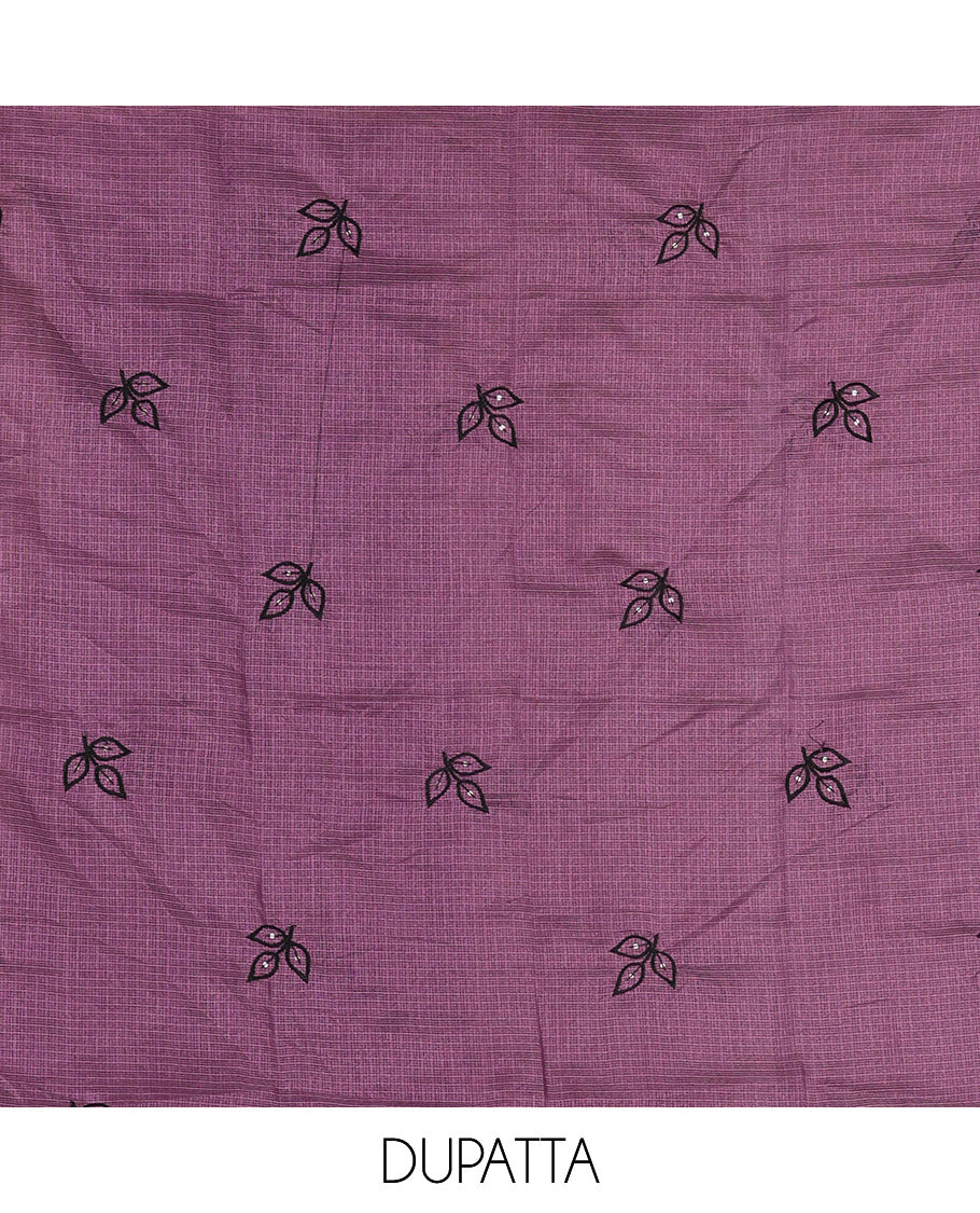 Purple material chudidar set, leaf-floral motifs thread and sequins embroidered kota cotton top, a matching bottom, and a leaf motifs thread and sequins embroidered dupatta - Image 5