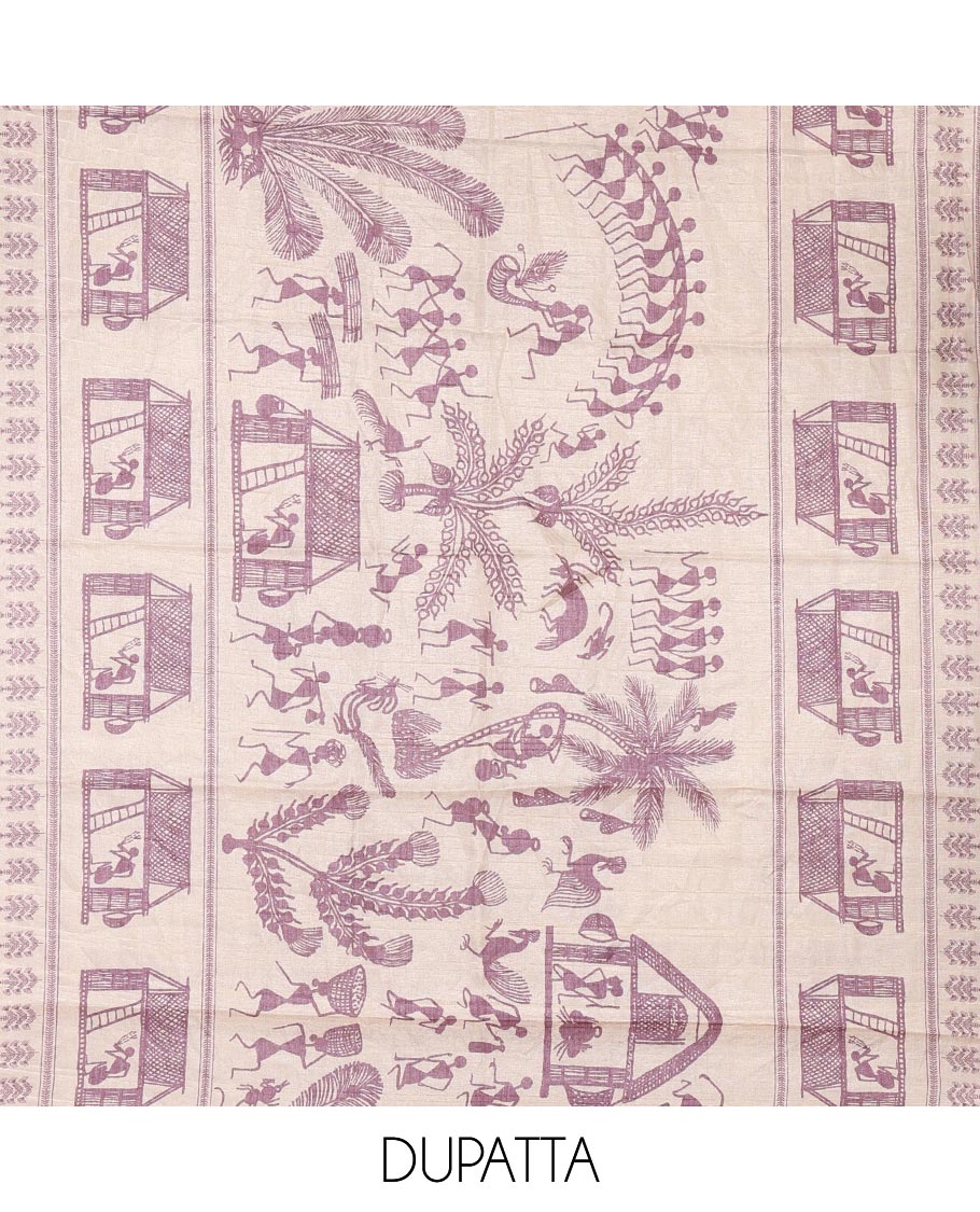 Purple material churidar set, warli tribe village theme print with mirror work semi-tussar top, plain bottom, and warli tribe village theme print semi-tussar dupatta - Image 2