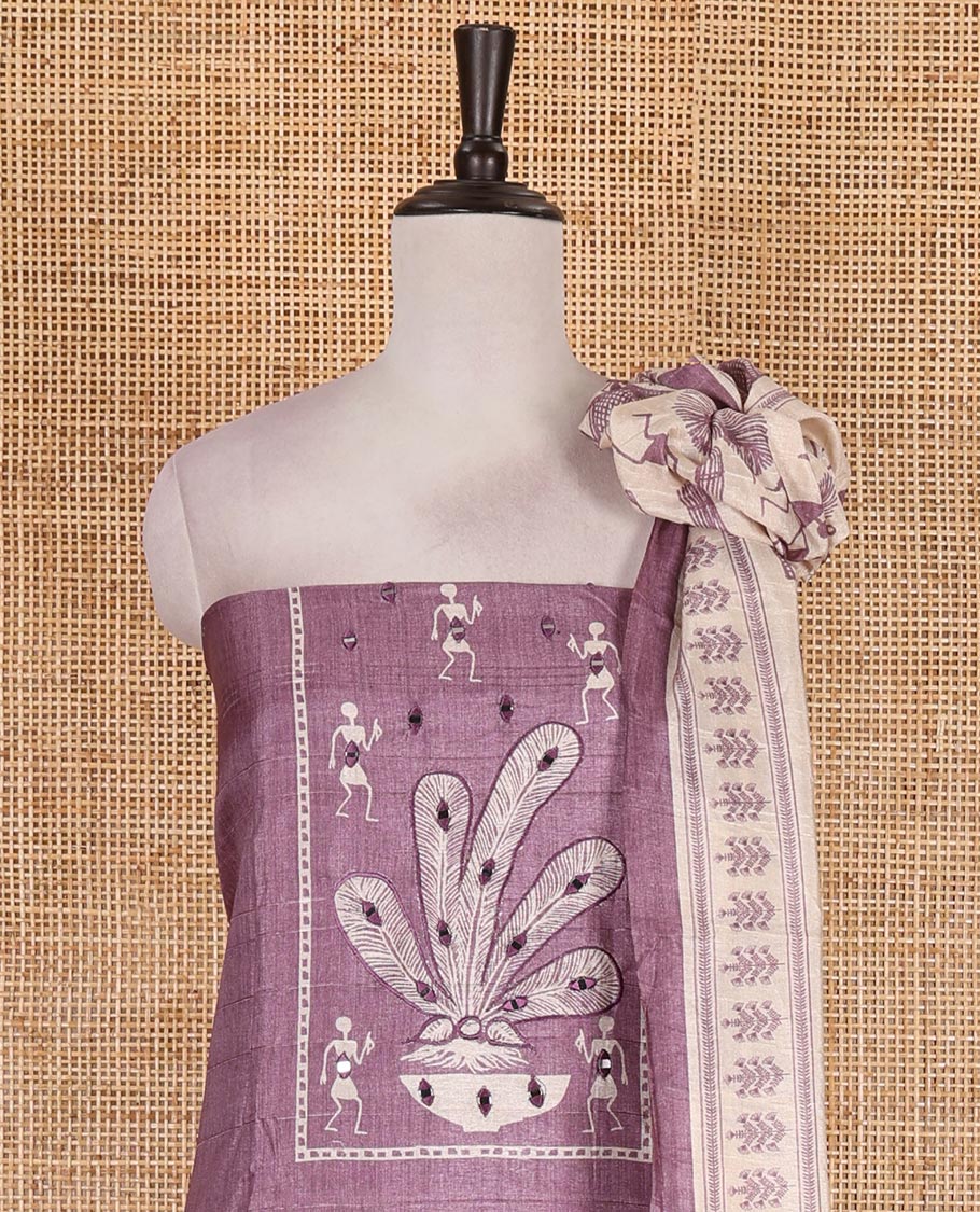 Purple material churidar set, warli tribe village theme print with mirror work semi-tussar top, plain bottom, and warli tribe village theme print semi-tussar dupatta - Image 3