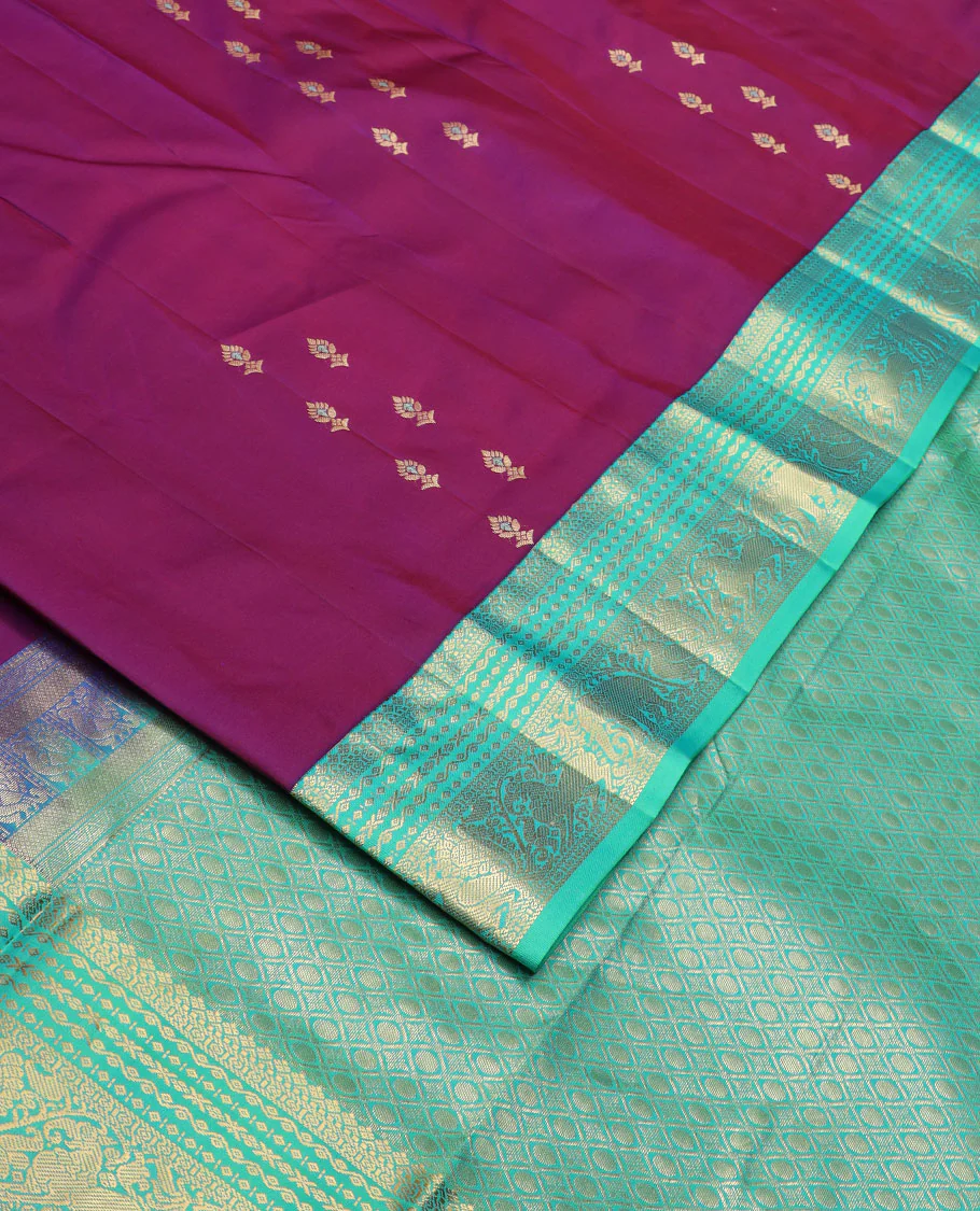 Purple meena zari buttas Vasundhara silk saree, contrast border of yaali,yaanai & mayil & pallu of jaal designs - Image 2